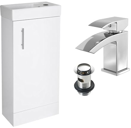 The Home Store Modern Compact Floor-Standing Vanity Unit 400mm with Basin & Chrome Waterfall Tap - Gloss White