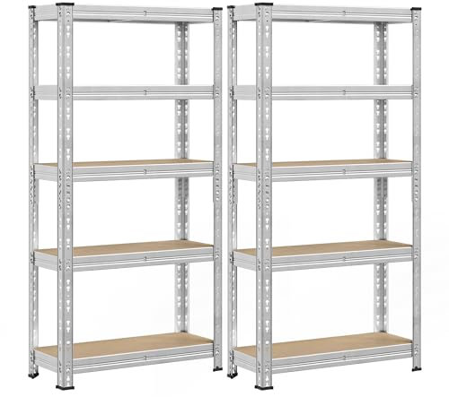 SONGMICS Heavy-Duty Storage Shelves, Set of 2, Garage Shelving Unit, 30 x 75 x 150 cm, Supports up to 875 kg, Easy Assembly, Storage Rack, Adjustable Shelves, Silver GLR451E01