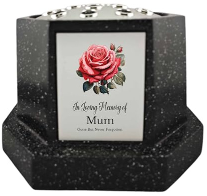 In Loving Memory Of Memorial Octagon Rose Bowl Grave Marker Flower Pot Vase With Rose Design Mum Dad & Lots More Black/Silver (UV PRINTED) (Mum)