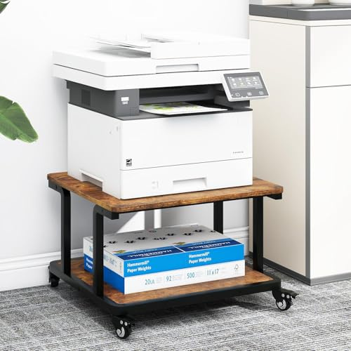 PUNCIA Soporte para Impresora con Ruedas Mesa de Impresión 60 x 50 cm de 2 Niveles Móvil de Madera y Metal Organizador de Escritorio con Estante de Almacenamiento para Oficina Escuela Retro