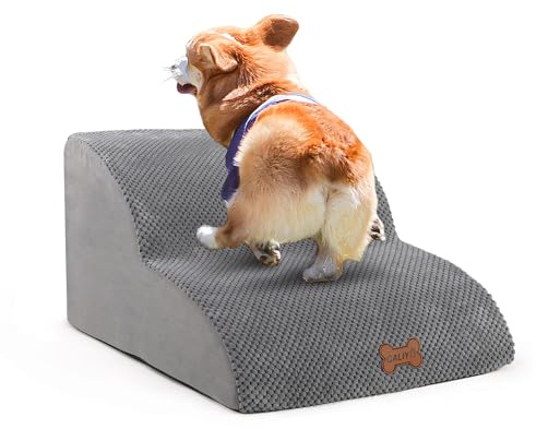CALIYO Hundetreppe 2 Stufen，Hundetreppe für Kleine Hunde,Treppe für Hunde aus Hochdichtem Schwamm,Haustiertreppe Mit waschbarem Bezug und rutschfestem Boden(40 * 40 * 30CM,Grau)