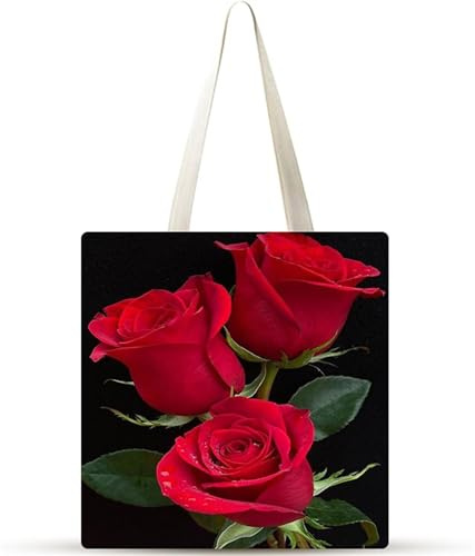 Rosas de flores rojas Bolsa de Lona 38x34cm Tote Bag sin Cremallera,juego de 1 Canvas Tote Bags para Mujer,Bolsa de Compras Plegable,Bolso de Mano Lavable para Compras,Trabajo,Vida Cotidiana,Viajes