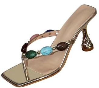 Sandales à talons hauts en strass à la mode pour femmes tongs à tête carrée chaussures de pente mariage fête nuptiale bal chaussures habillées sexy (Or,37)