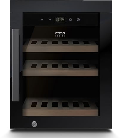 Caso WineExclusive 12 Weinkühlschrank für 12 Flaschen, 1 Zone, 5–20 °C, Kompressor, UV-Glas, Touch-Bedienung, leise, LED, Holzregale, abschließbar, Lüfter, Glasfront, Innenbeleuchtung