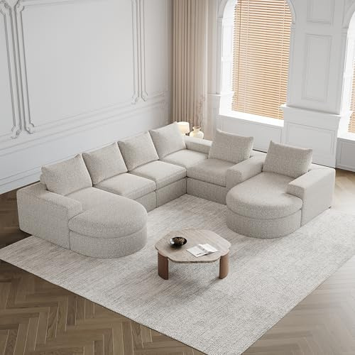 Dolamaní Sofá de esquina modular, sofá combinado de espuma pura, sin instalación, sofá esquinero de 5 a 6 plazas, sofá con elementos curvados y tumbona, chenilla (beige B)