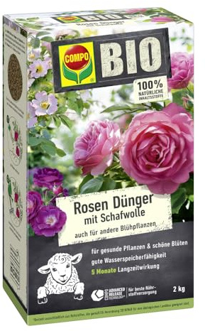 COMPO BIO Rosen Langzeit-Dünger mit Schafwolle, Rosendünger, 2 kg | Organischer Rosen-Dünger mit Schafwolle – Sofort- & 5 Monate Langzeitwirkung sowie starke Wasserspeicherung.