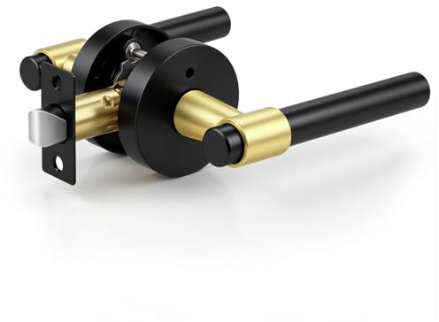 KNOBWELL Black and Gold Door Handles for Bedroom Bathroom, 1 Pack Door Knob with Interior Push Button Lock, Heavy Duty Unversible Right/Left Handed Levers, Silent Privacy Handle fits Standard Doors