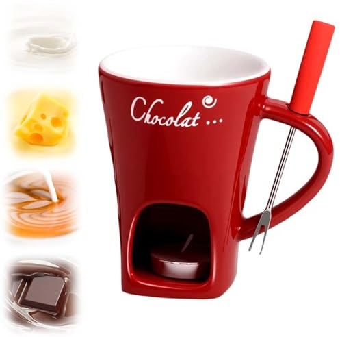 Schokofondue Tasse,Becher zum Schmelzen von Schokolade,Keramik Schokoladenfondue Tasse,Mehrzweck Chocolate Fondue Set mit Gabel und Teelicht,geeignet für Käse,Schokolade,Butter und Karamell (Rot)