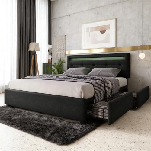 LED-sängram med höjdjusterbar sänggavel, 140 x 200 cm klädd dubbelsäng i svart med 4 lådor och träribbor (madrass ingår ej)