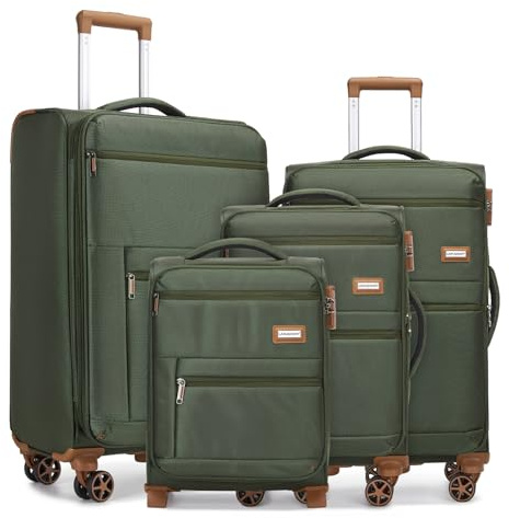 LARVENDER Luggage Sets 4 Piece, Softside Carry On Luggage Suitcase Set with 360° Spinner Wheels for Women Men(28/24/20/18) Army Green