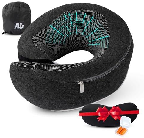 Aj's Shopping Den Travel Pillow for Adults, Memory Foam with 360 Degree Neck Support, Ergonomic Travel Pillow for Airplane & Car, Comes with 3D Contoured Sleep Mask, Earplugs and Travel Bag