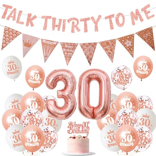 Tasoraor Deko 30 Geburtstag Frau Rosegold - 30. Geburtstagsdeko Luftballons Girlande und Tortendeko, Riesen Zahlenballon für 30 Jahre Frauen Geburtstagsparty Dekoration
