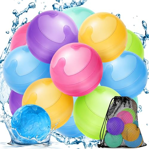 12PCS Reusable Water Balloons No Magnets, 100% Silicone Quick Fill Water Balls for Kids, Self-Closing Water Balloons with Mesh Bag, Eco-Friendly Water Bombs, Summer Outdoor Toys & Pool Toys