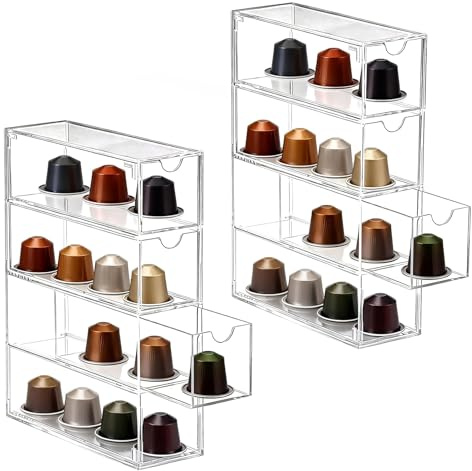 QUTHZZHY Förvaringslåda för kaffekapslar, kaffekapsel förvaring med 4 lådor, akryl kapselhållare transparent, kapsellåda arrangör för kök och kontor (2 st 17,5 x 6,5 x 24,5 cm)
