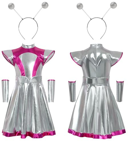 Disfraz de Guerrera Cuadrilla Galáctica Mujer Disfraz Extraterrestre Alien Vestido Brillante Metálico con Diadema Espacial Disfraz Soldado del Espacio Adulta S-XXL