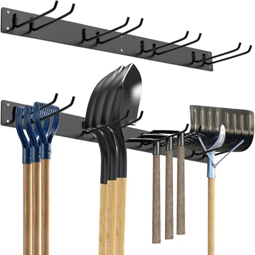 HOMASIS Gerätehalter Wandhalterung, 91cm Gartengerätehalter Metall bis 150 kg belastbar, Besenhalterung Wandmontage mit 4 Doppelhaken, Werkzeughalter für Besen, Schaufel, Rechen, Garten & Garage