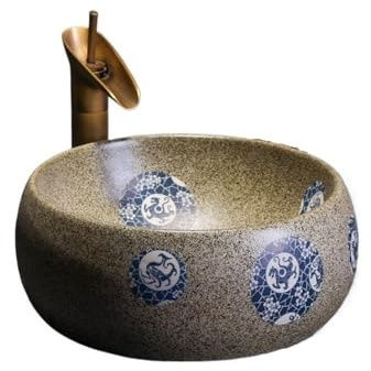 Waschtisch Rundes Aufsatzwaschbecken im Retro-Stil, Badezimmer-Aufsatzwaschbecken aus Keramik (inkl. Zubehör) Modern