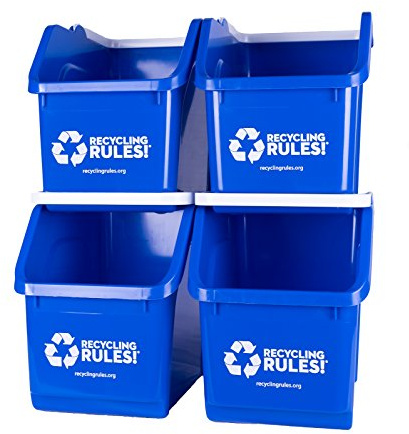 Recycling Rules 6 Gallon Stackable Recycling Bin Container in Blue, Eco-Friendly BPA-Free Handy Recycler with Handle, 4-Pack