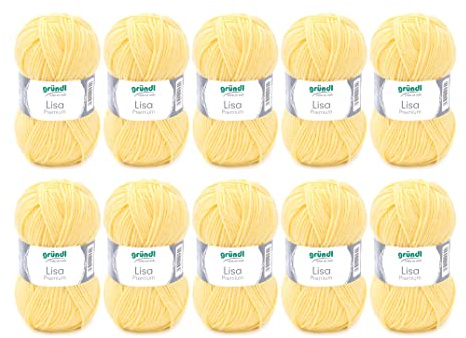 Gründl Lisa Premium Uni stick- och virkgarn (mjuk och ulliknande karaktär, lättvårdat stickgarn tillverkat av 100% polyakryl, 50 g/133 m, nåltjocklek: 3,5 – 4,5, 10 nystan á 50 g), pastellgul