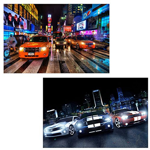 Mendler 2er-Set LED-Bild Leinwandbild Leuchtbild Wandbild 40x60cm, Timer - Cars