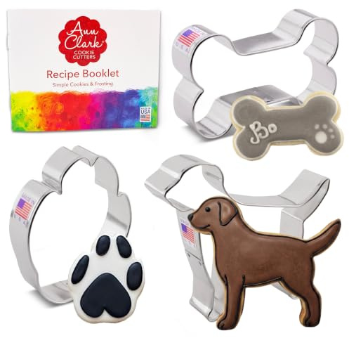 Ann Clark Dog Cookie Cutters 3-Pc Set (Labrador Dog, Paw Print, Bone) Made in USA