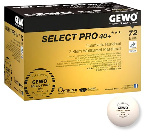 GEWO Select PRO - Palline da ping pong con 3 stelle, in plastica 40+, con cucitura, certificate ITTF, 3 palline da ping pong professionali di alta qualità, bianco, 40 mm, 72 pezzi