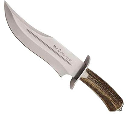 Muela Cuchillo de Caza Lobo LOBO-23A hoja ACX-380 de 23 cm y empuñadura de asta de ciervo para Caza, Pesca, Supervivencia y Bushcraft Realizado en Ciudad Real + Portabotellas de regalo