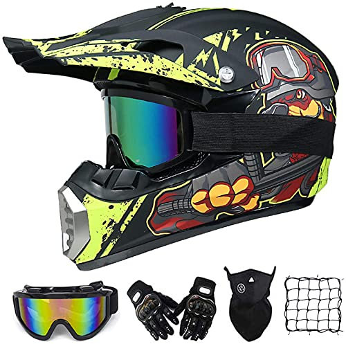 VOMI Motorcykel crosshjälm set, svart och gul, motocrosshjälm barn downhill fullface hjälm off road MTB crosshjälm mopedhjälm med glasögon/handskar/mask/motorcykel nät (M)