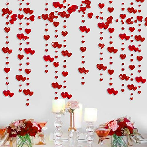 Pink Blume Girlande 16 m doppelt in rot mit hängendem Herz Girlande mit Glitzer doppelseitig aus metallischem Papier für Junggesellinnenabschied, Geburtstag, Valentinstag Dekoration