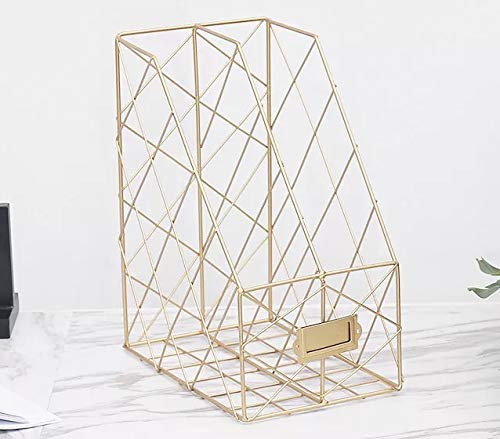 KUSO Schreibtisch-Zeitschriftensammler mit Etiketten, Metallnetz-Ordner, Organizer mit Namensschild, Bücherregal, rustikales Design (Gold, 2 Raster)