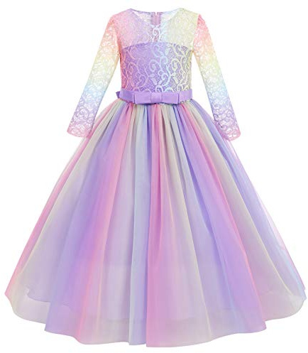 FYMNSI Robe Enfant Fille Ceremonie Anniversaire de Princesse d'honneur Mariage Bowknot Manches 3/4 Longue en Dentelle Robe Tutu Tulle de Soirée Bal Partie Formelle Carnaval 2-14 Ans