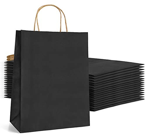25 Stück Papiertüten mit Henkel, Geschenktüten Papier,Papiertüten Schwarzes,Kleine Geschenktüten, 18 * 10 * 25 cm Schwarzes Papier Tüten,Papiertüten Kindergeburtstag Partytüten