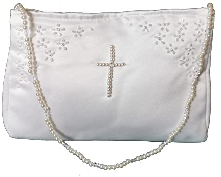 LadyMYP© Brauttasche/Brautbeutel/Handtasche mit Perlen-Blümchen und Perlen in Kreuzform mit Perlenkette für Hochzeit Kommunion weiß/Ivory NEU
