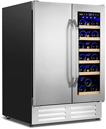 Velieta Wine and Beverage Refrigerator,24 Inch Dual Zone Wine Beverage Cooler, Built-in/Freestanding Beer and Wine Fridge with a Powerful Compressor, 20 Bottles and 88 Cans Capacity