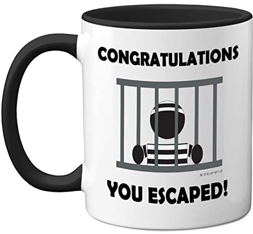 Stuff4 Congratulations You Escaped Retirement Mug | Leaving Presents for Colleagues, Funny Gifts Women and Men, New Job 11oz Ceramic Premium Black Mugs
