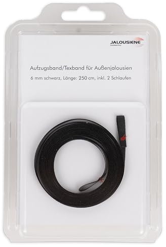 Texband für Außenjalousien 6 x 0,33 mm – Aufzugsband inkl. 2 Schlaufen (250 cm, Schwarz) – UV-beständig, wetterfest & reißfest – Ersatzband für Raffstore & Jalousie