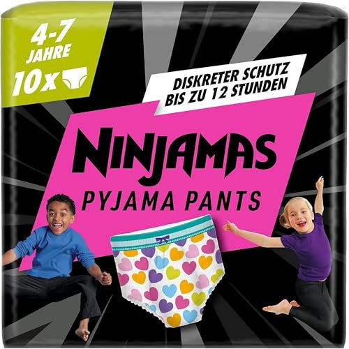 Ninjamas Pyjama Pants Herzen, 10 absorbierende Nachthöschen, 7 Jahre, 17kg-30kg, Auslaufschutz für die ganze Nacht
