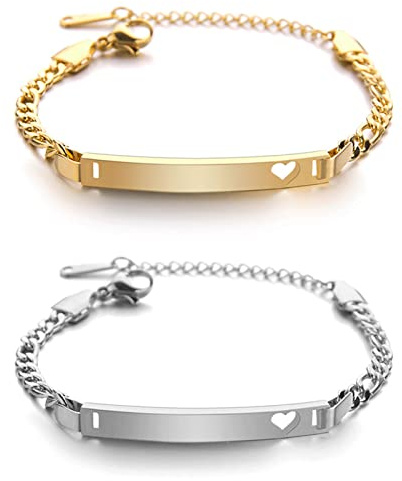 JewelryWe Schmuck Personalisierte Armband Herren Damen mit Gravur Edelstahl Herz Figaro Kette ID Armkette Figaro-Armband Verstellbar Kettenarmband Silber/Gold