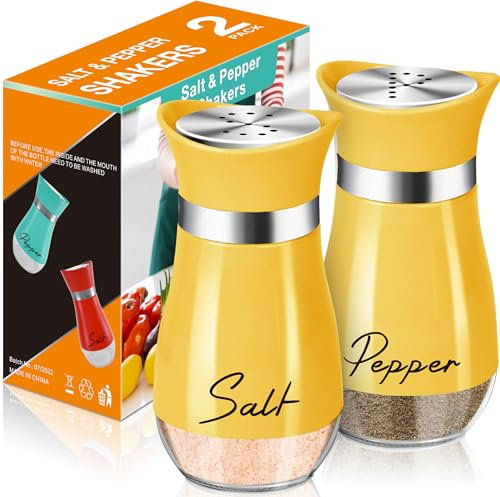 Salt and Pepper Shakers - 4 oz Yellow Glass Set with Stainless Steel Lids