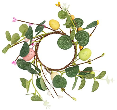 4 Stück Ostereier-Kerzenringe, 7,9 cm, Frühling, Ostern, Eukalyptusblätter, Kranz, Stumpenkerzenhalter mit buntem Ei für Oster-Tischdekoration
