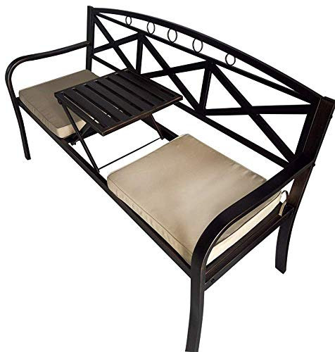 ZMYJTO Hocker 59-Zoll-Gartenpark-Couchtisch-Stuhl-Außenbank, Garten-Freizeit-Metallstuhl mit Hubtisch, 2-3-Sitzer-Rost- und wetterbeständige Veranda-Stuhl-Deck-Eingangsmöbel