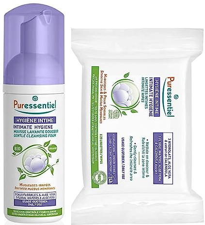 Puressentiel - Kit Hygiène Intime - Lingettes intimes pour muqueuses et peaux sensibles + Mousse Lavante Douceur aux 3 eaux florales et à l'aloé vera - Made in France