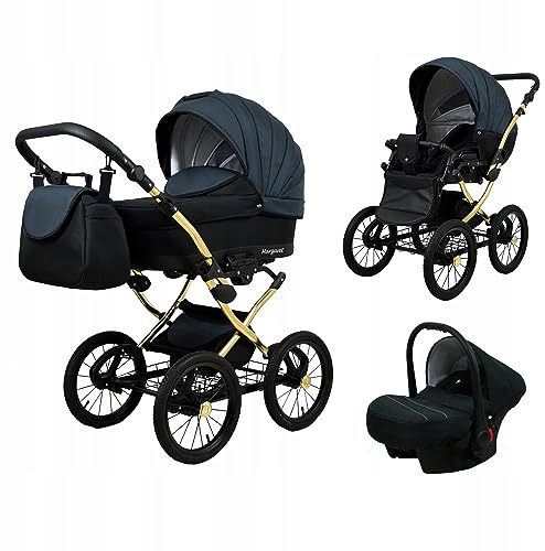 BabyLux® Kinderwagen Set 3 in 1 - Margaret Gold - incl. Babywanne, Buggy Sportsitz, Auto-Babyschale - Autositz - Kinderwagenset - Kombikinderwagen mit Wickeltasche, Regenschutz usw.