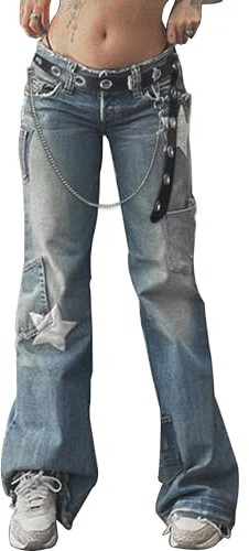 DINGJIUYAN Jeans de cintura baja para mujer, pierna ancha, talla grande, bolsillos y estampado de estrellas grunge con cinturón, X-blue Jean+cinturón, S