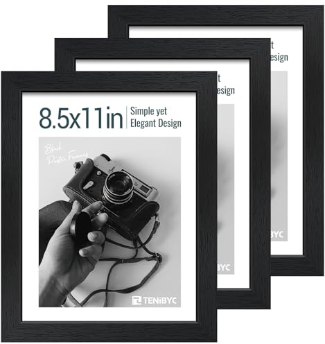 TENIBYC 8.5 by 11 Picture Frame Set of 3 - Black Woodgrain, Solid Wood & HD Tempered Glass, Table Display or Wall Hanging