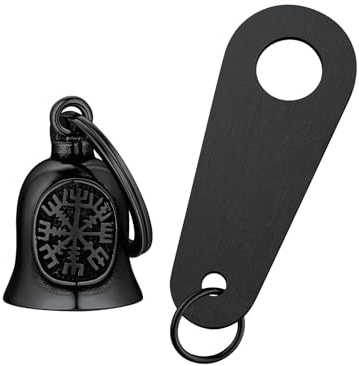 FaithHeart Motorrad Bell Glocke,Edelstahl Glücksbringer Schlüsselanhänger für Motorrad, Punk Motorradglocken mit Wikinger Vegvisir Symbol,Hip pop Glücksbringer für Motorrad