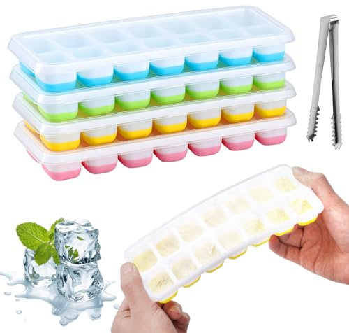 4 bandejas de cubitos de hielo con tapa, bandejas de silicona con 14 compartimentos, moldes reutilizables para congelador, cubierta extraíble antiderrames, fácil de liberar, sin BPA