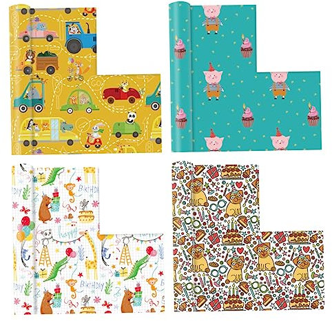 Beavorty 4 Stücke Mädchen Party Geschenkpapier Tiermuster Geburtstag Geschenkpapierrollen Geschenkpapier Buchumschlag Partygeschenkverpackung