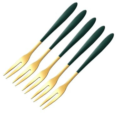 OZXLH 304 Stainless Steel Fruit Fork Snail Fork Dessert Cake Forks Salad Fork For Party Kitchen Tableware Set Gold Two-tine Forks SET(Green 5PC)