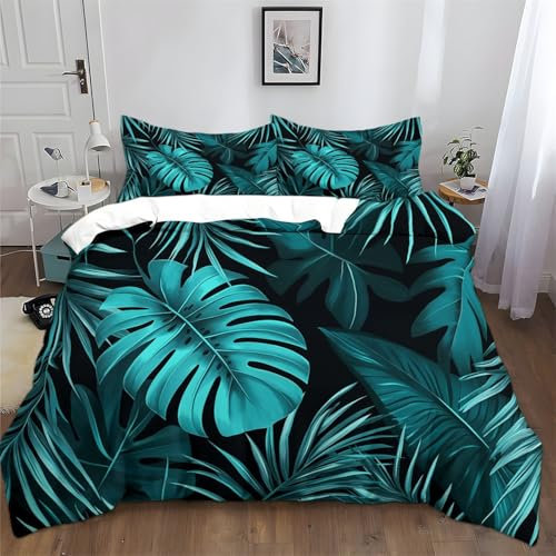 Generisch Bedrucktes Türkis Bettbezug-Set Tropische Palmenblätter Bettwäsche-Set, Bettbezüge aus Polyester Für Kinder, Jugendliche und Erwachsene geeignet, 180 x 200 cm